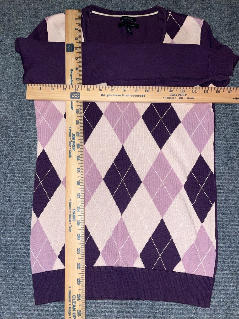 Tommy Hilfiger Purple Argyle V-Neck Sweater w Pink & Cream Diamonds. Cotton XS - Picture 3 of 7